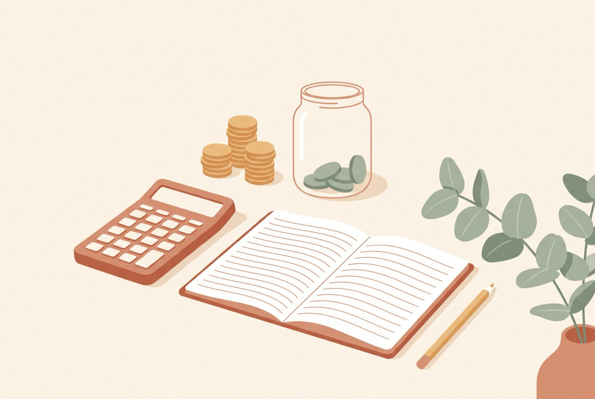 Calculatrice, piles de pièces de monnaie et carnet ouvert sur un bureau d'atelier